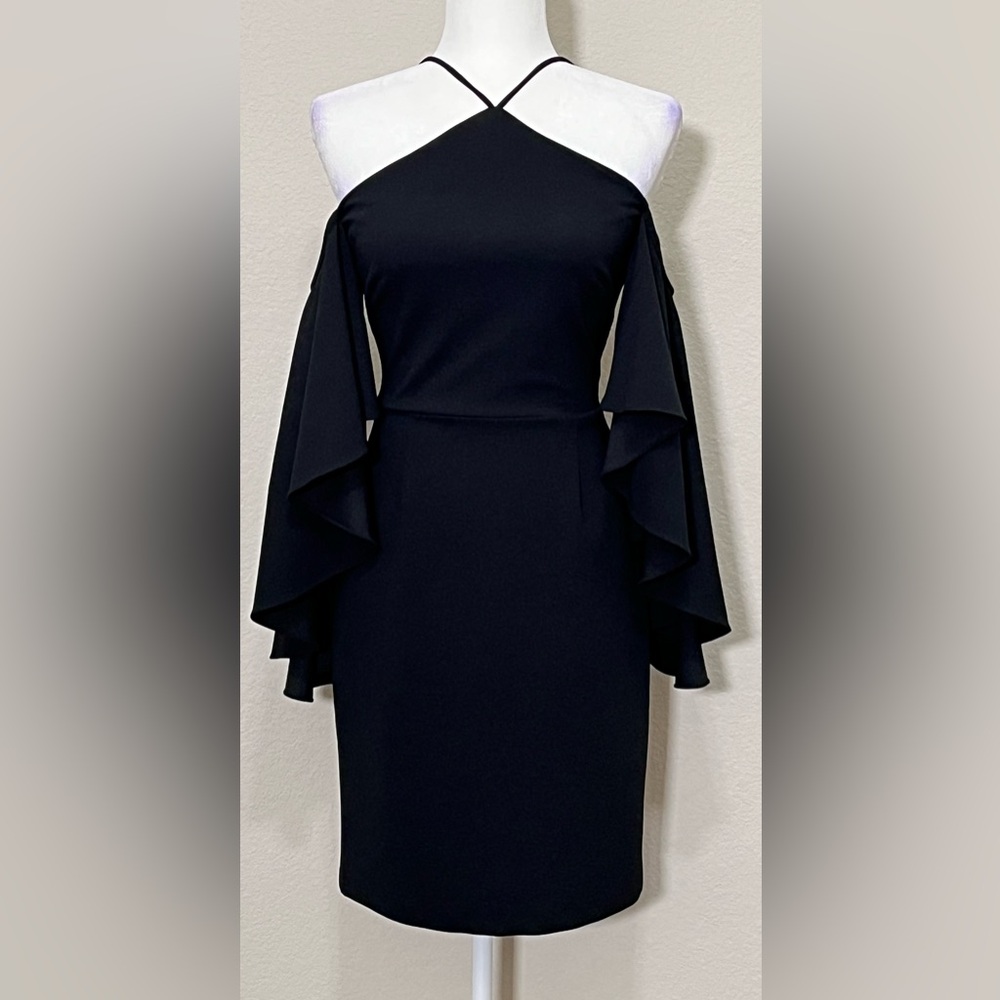 Alexia Admor Black Bodycon Cold Shoulder Flutter Sleeve Halter Dress Size 2